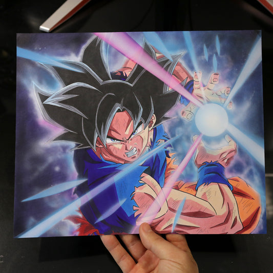 Dibujo original Goku Ultra Instinct con Kamehameha