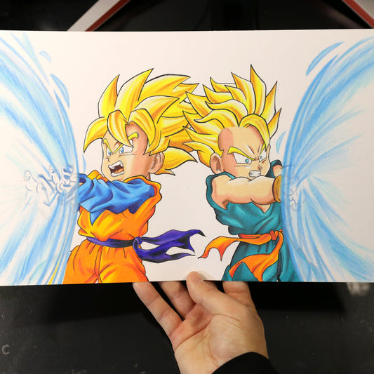 Dibujo original de Goten y Trunks lanzando un Kamehameha