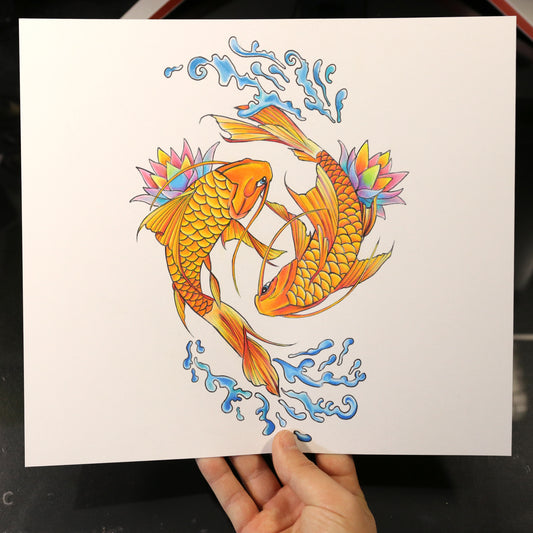 Dibujo original Carpas Koi con Nenúfares