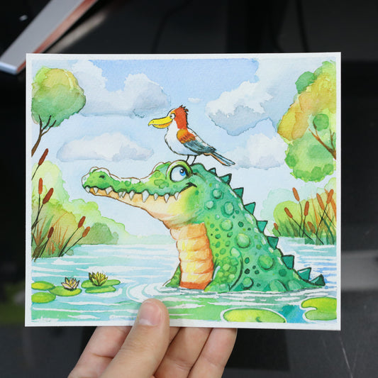 Print Cocodrilo con un pájaro