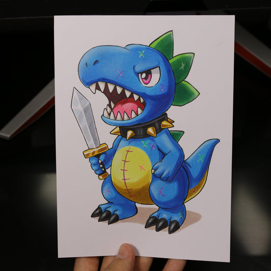 Dibujo original Dinosaurio Punk con espada